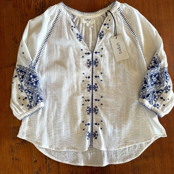 NWT ba&sh Cotton Embroidered Boho Eglantine Blouse White, Blue, Size Small - Picture 2 of 15